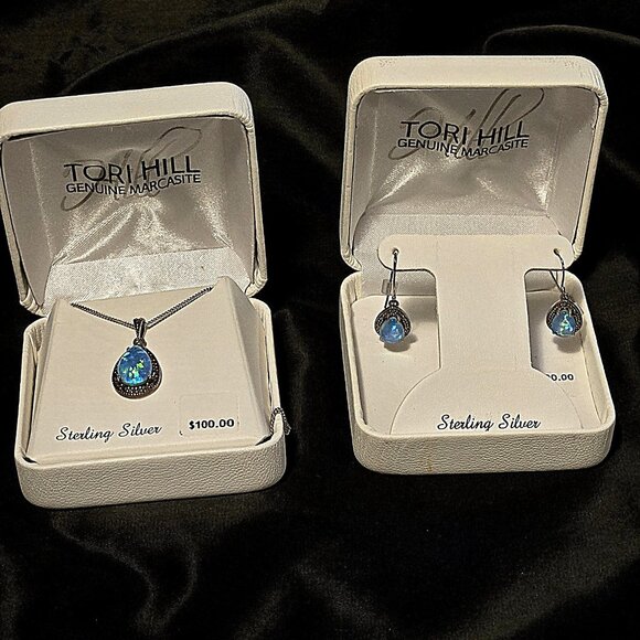 NWT Genuine Marcasite/Sterling Silver/simulated Blue Opal Necklace / Earring Set - Picture 1 of 5